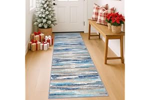 Lansny Modern Abstract 2x6 Blue Washable Kitchen Runner Non-Slip Soft Hallway Rug Runner Thin Print Faux Wool Carpet for Entryway Bedroom Laundry Room Indoor Home Decor