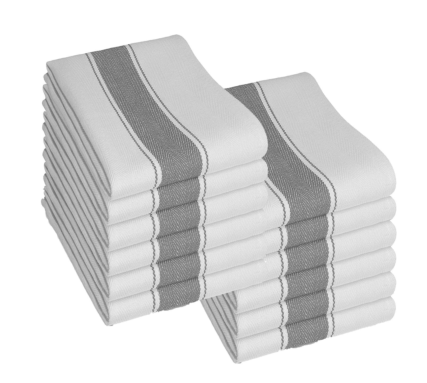Olivia Rocco Pack of 12 Kitchen Tea Towels, Large 100% Cotton Commercial Grade Towels, Lint Free, White, Quick Drying, 75 x 50 cm, Grey