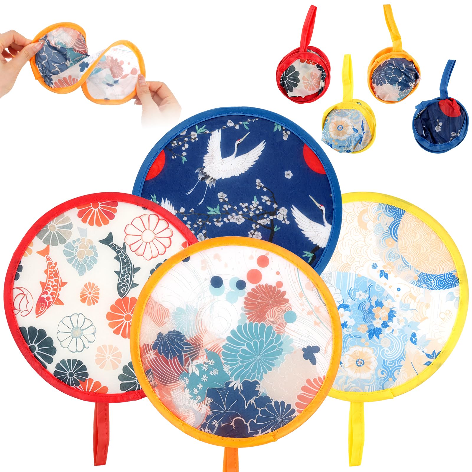 Svalor Foldable Fan, 4 Pcs Round Handheld Folding Fan, Portable Japanese Style Fan with Beautiful Patterns, Folding Handheld Fan for Party, Wedding, Cooling, Outdoor Games