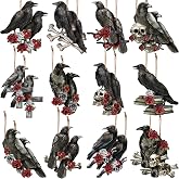 Bencailor 24 Pcs Halloween Crow Wooden Hanging Ornaments | Double-sided Crow Skull Designs, Gothic Black Signs for Christmas Tree Yard Lawn Wall, Halloween Xmas Party Decorations