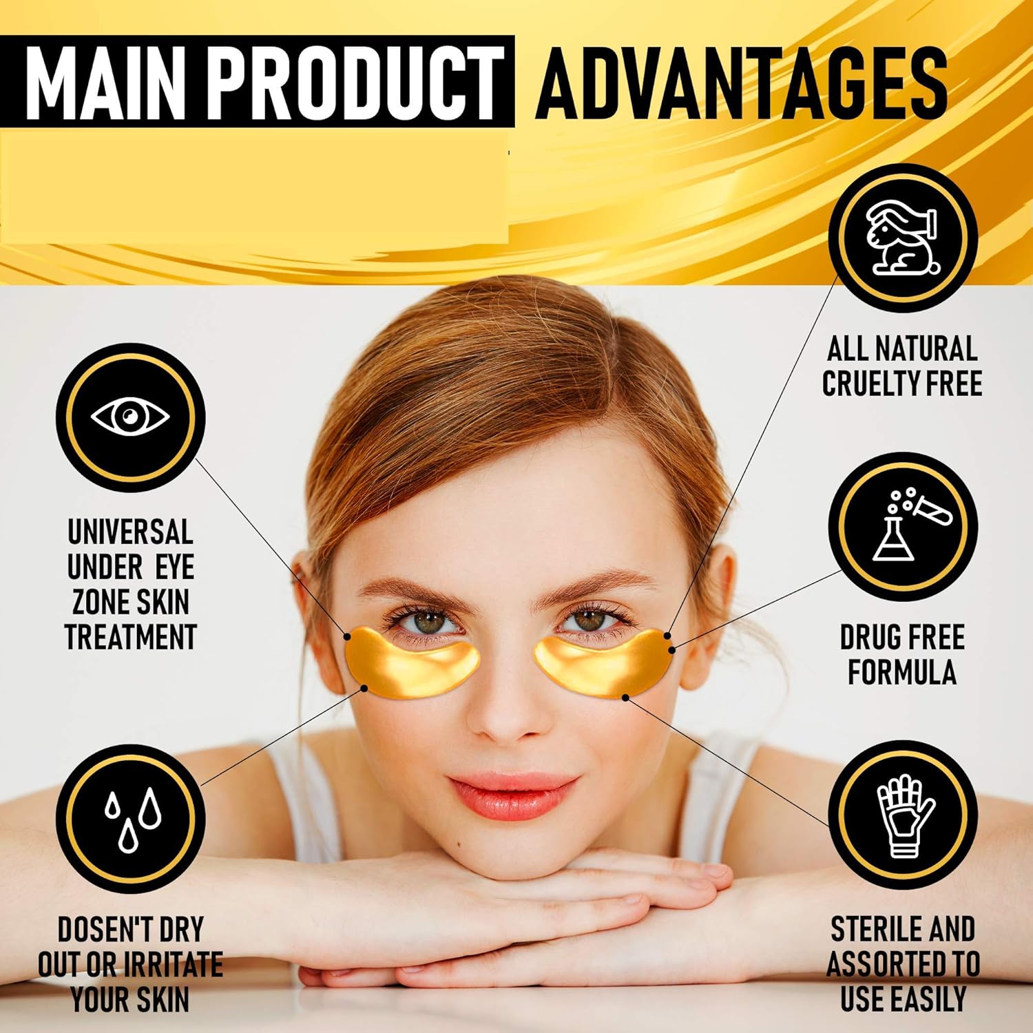 Under Eye Collagen Patches - 24K Gold Anti-Aging Mask - Pads for Puffy Eyes & Bags, Dark Circles and Wrinkles, with Hyaluronic Acid, Deep Moisturizing | 60 Patches - New Formula : Beauty