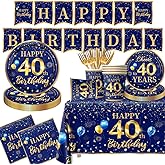 40th Birthday Decoration Men-142pcs Navy Blue and Gold Birthday Tableware Set(Serve for 20) Include Happy 40th Birthday Banner Plates Cups Napkins Tablecloth for Men 40th Birthday Party Supplies