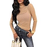 Essrite Womens Mesh Sheer Lace Laying Top Mock Neck Long Sleeve Polka Dot See Through Shirt Blouses Tops