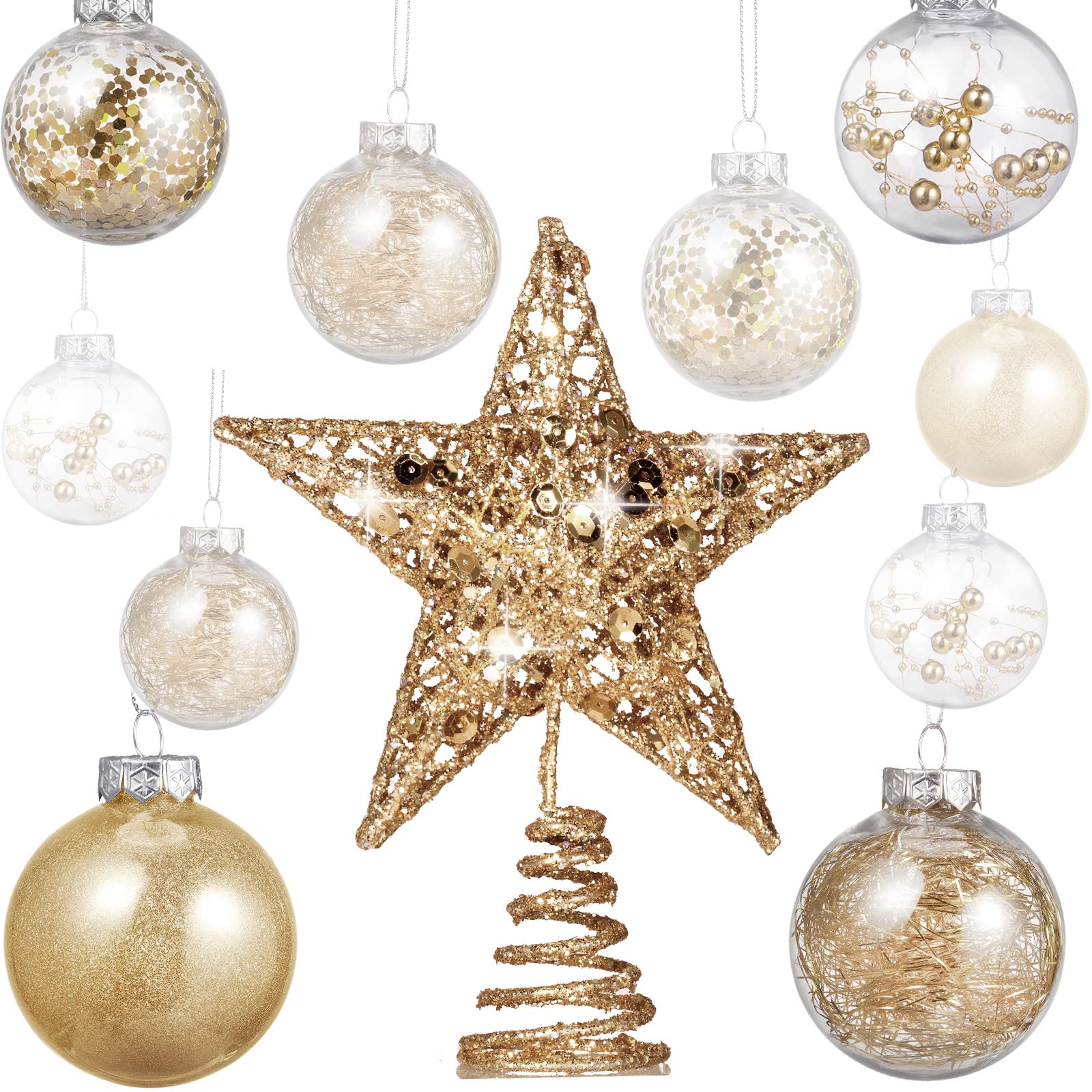 24 Pieces 2.36 Inch Shatterproof Plastic Christmas Ball Ornaments With Tree Star for New Years Present Wedding Home Party Decoration (Champagne Gold)