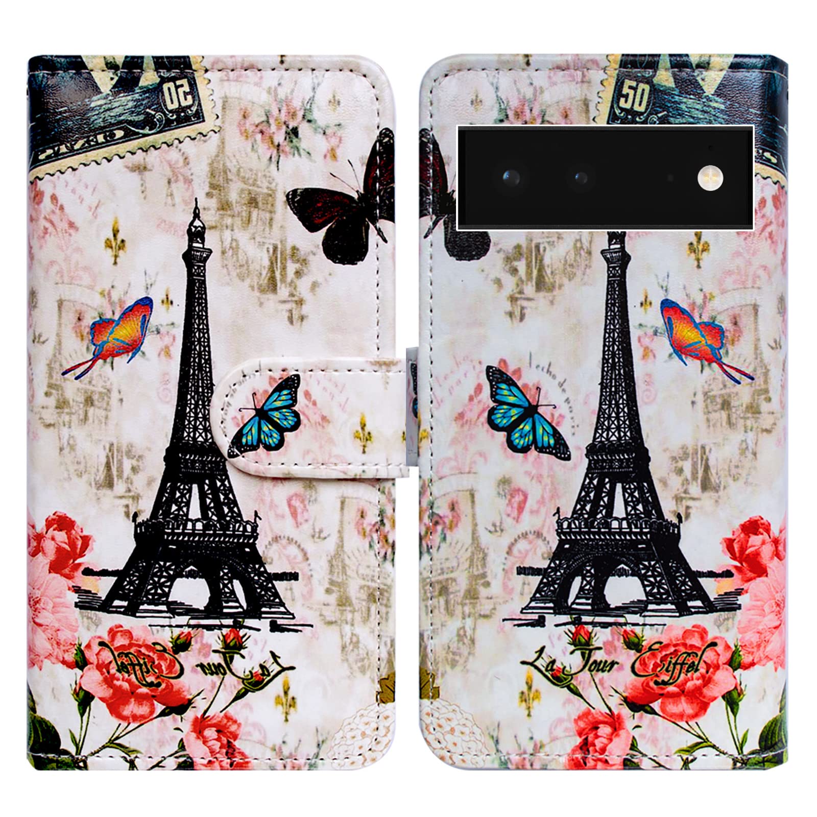 Bcov Google Pixel 6 Case, Paris Tower Butterfly Leather Flip Phone Case Wallet Cover with Card Slot Holder Kickstand For Google Pixel 6
