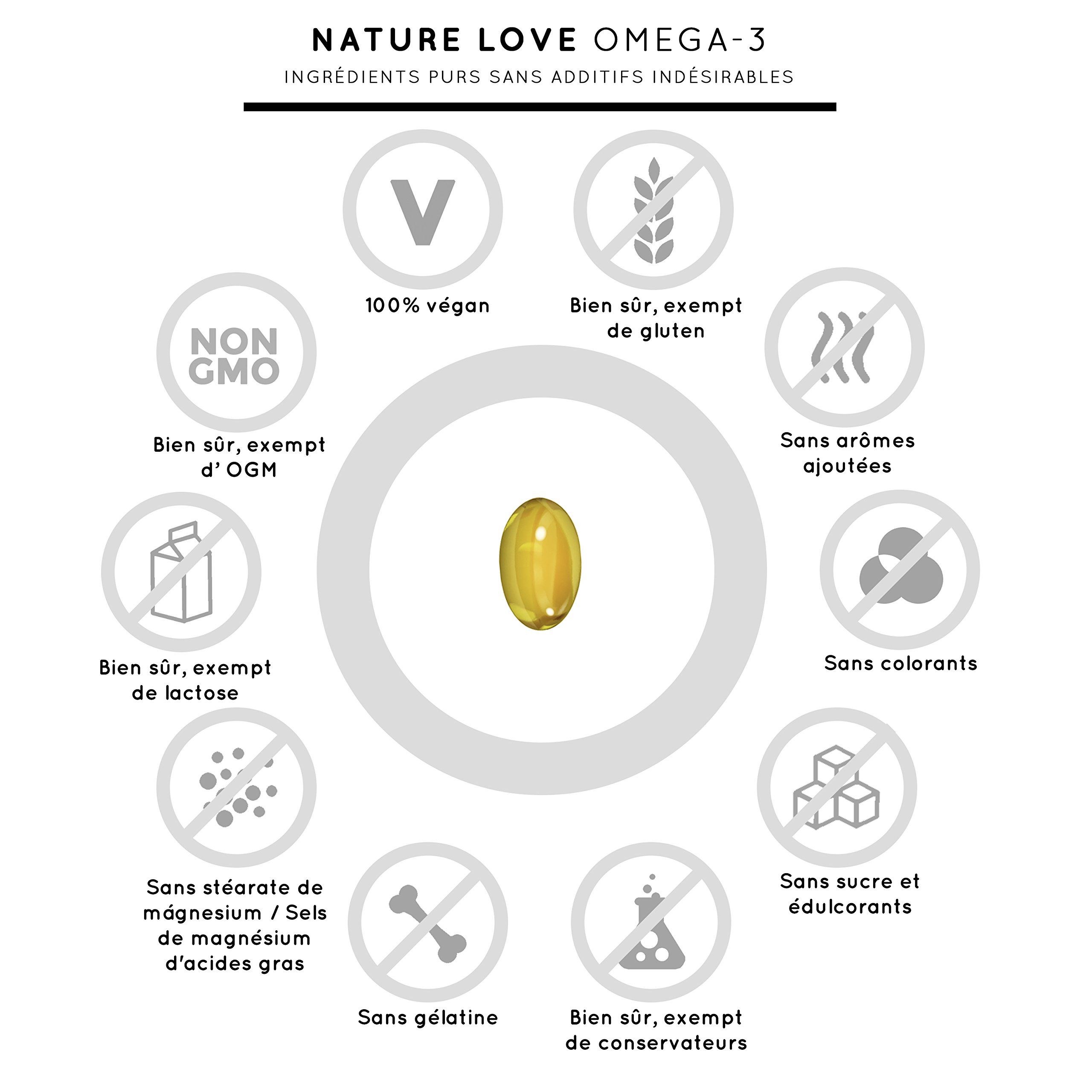 Capsules d\'huile d\'algues Omega 3 vegan - Qualité supérieure : végétales à base d\'huile d\'algues. 120 petites Oméga 3 gélules, faciles à avaler. Contient des acides gras EPA & DHA. Complément alimentaire de Nature Love