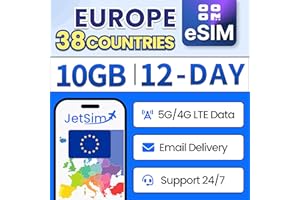 eSIM Europe (12-Days) Data Only 10GB of High-Speed 4G/5G Data, Supports Mobile Hotspot, Fast E-Mail Delivery, Reliable Local 