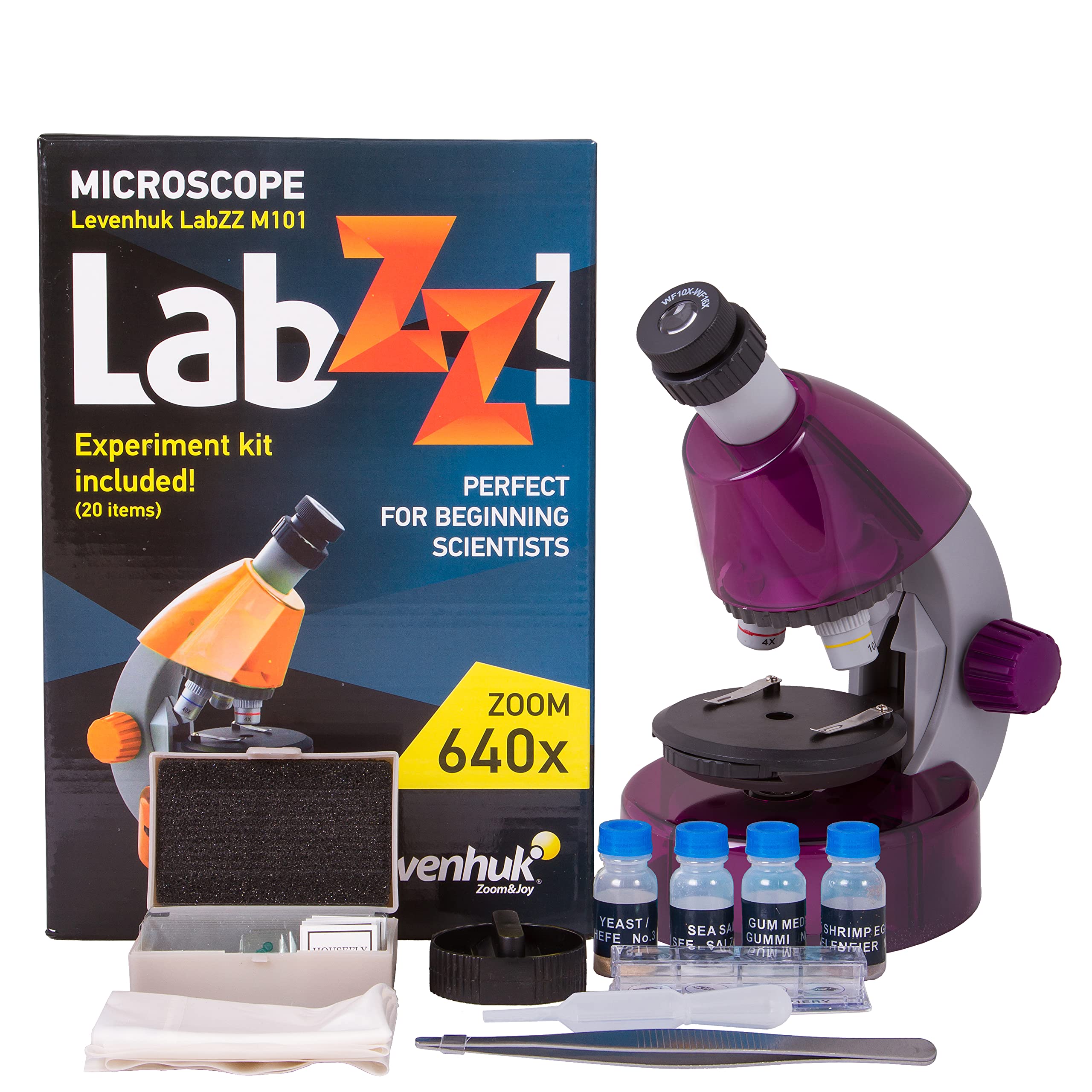 Levenhuk LabZZ M101 Amethyst 640x Portable Microscope for Kids, with LED Light, Science Kit & Colourful Book, Educational STEM Toys Set, Prepared Sample Slides, Gift Ideas for Children, 4+ Years (EN)