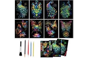 LEIBSTER Scratch Art Adult 8 Sheets Rainbow Scratch Art DIY Craft Gift 5 Paint by Scratch Tools （ Butterfly & Peacock）