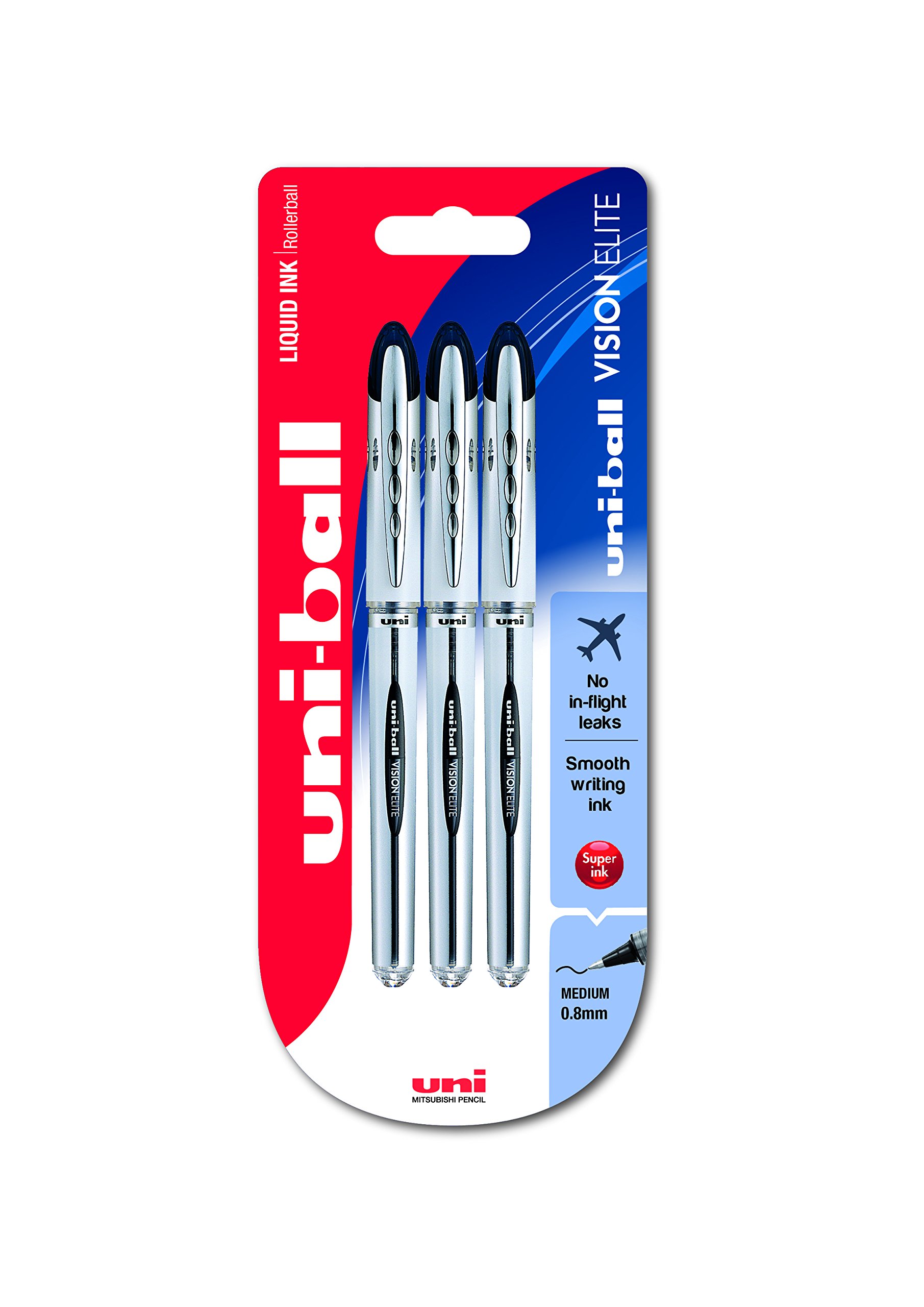 Uni-ball 153486350 UB-200 Vision Elite Medium Rollerball Pens, 0.8mm Ball, Black Gel, 3 Pack