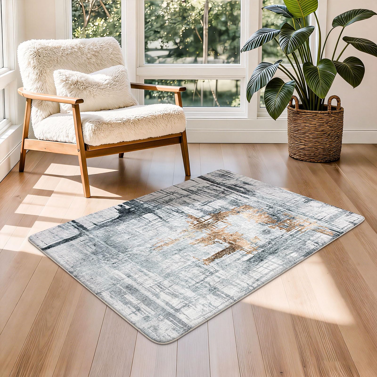 Tinyboy-hbq Area Rug Living Room Rugs Grey Modern Luxury Rug Soft Short Pile Carpet Modern Style Decorative Rugs for Living Room Bedroom (Grey/gold, 80 x 120 cm)