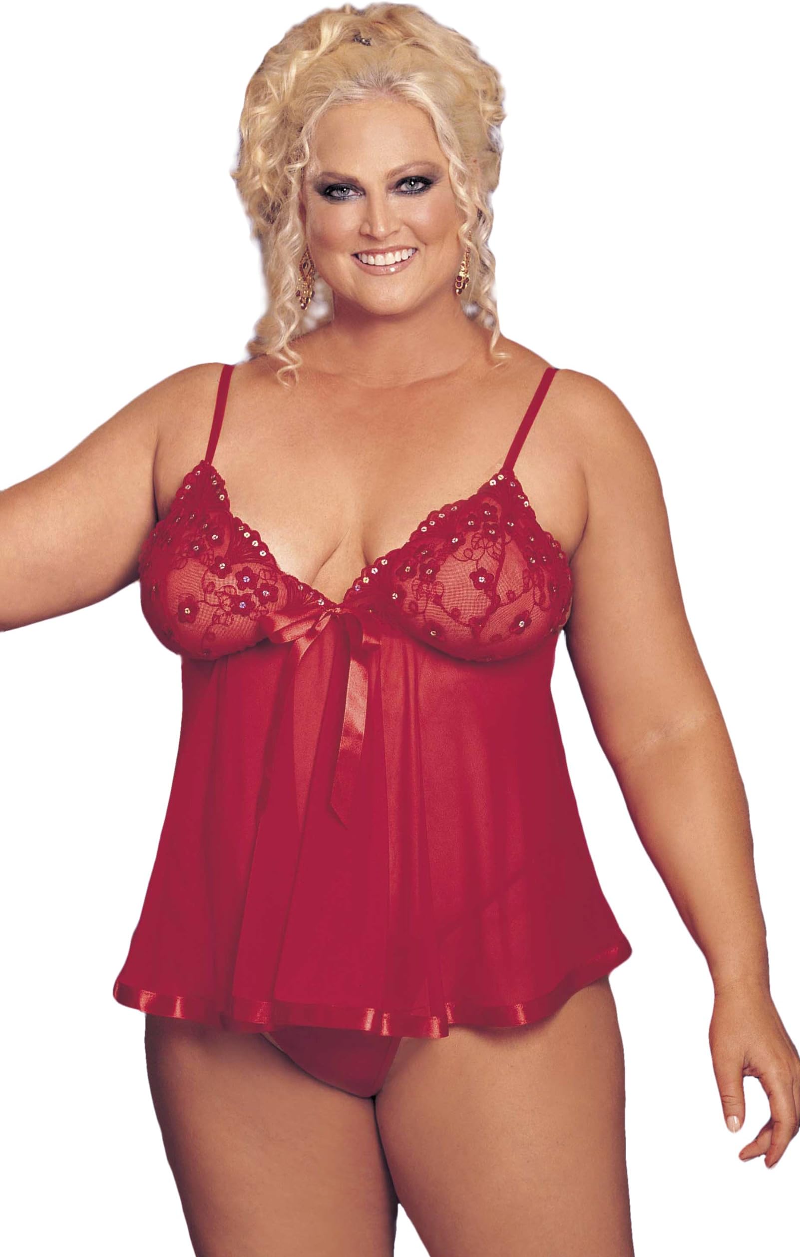 Sequin Embroidery and Sheer Net Baby Doll, One Size Red