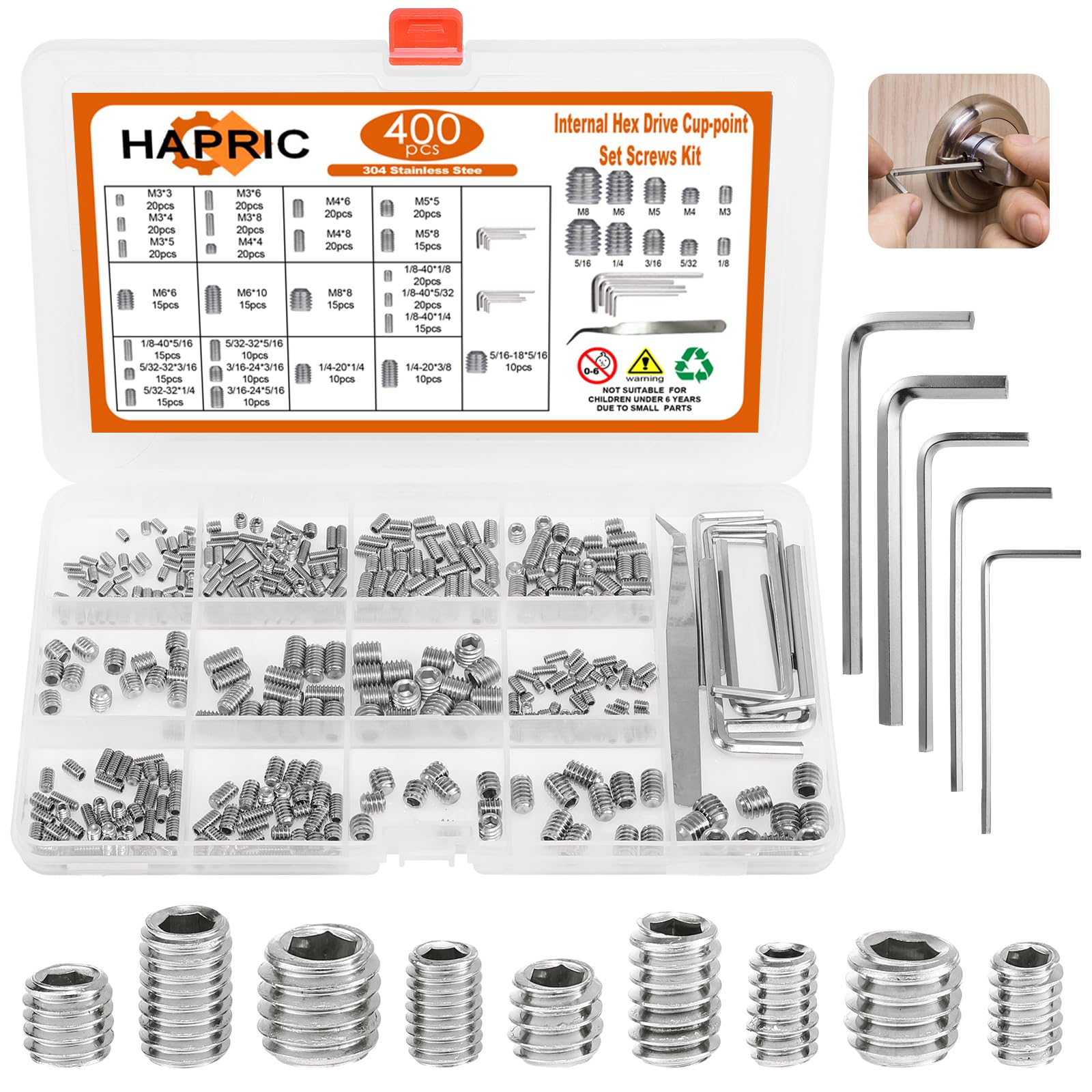 Photo 1 of 400 Pcs 25 Size Set Screws Metric&SAE Set Screw Assortment Kit 304 Stainless Steel Head Socket Metric Set Screws for Bathroom Fixtures Door Handles(M3-M8, 1/8"-40 to 5/16"-18)