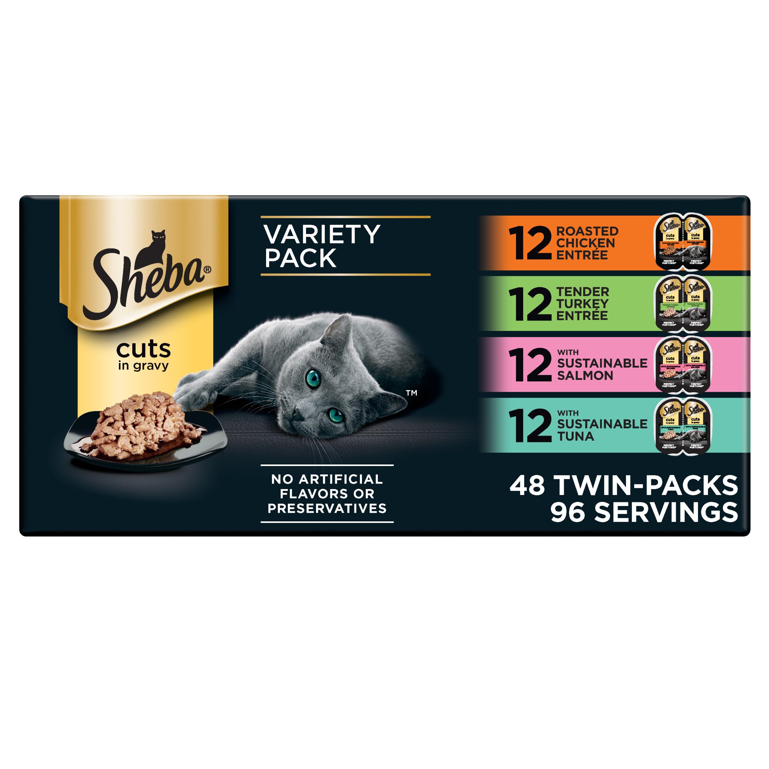 Sheba Perfect Portions Wet Cat Food Cuts in Gravy, Roasted Chicken Entree, Tender Turkey Entree, with Sustainable Salmon, and with Sustainable Tuna, 2.6 oz. Twin-Pack Trays (24 Count, 48 Servings) Image