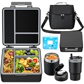 Bento Lunch Box for Kids with 17oz Soup Thermo,Insulated Tumbler Water Bottle and Insulated Lunch Bag,Leak-Proof 3 Compartment Lunch Food Container with Ice Pack for Kids to School-Black