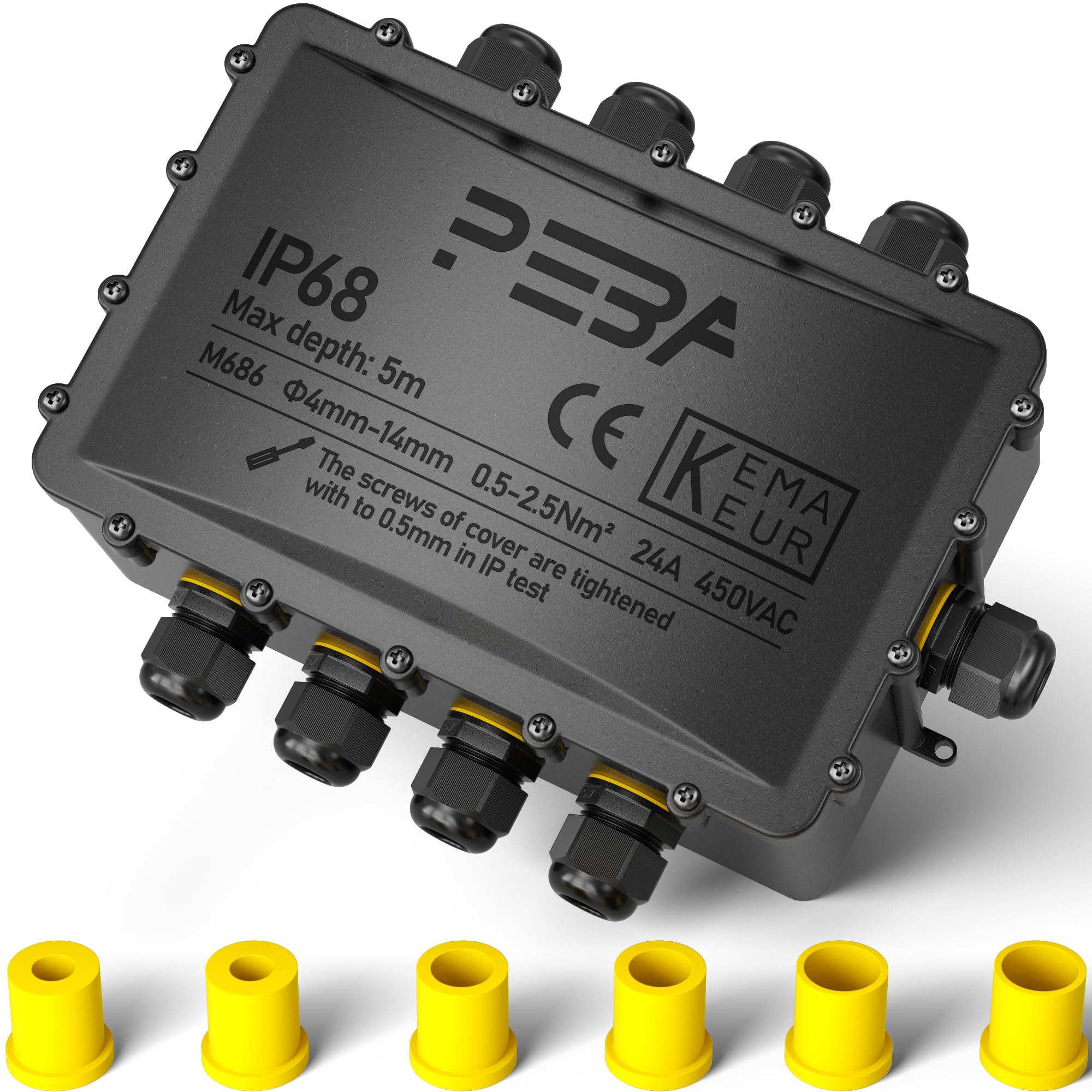 PEBA® IP68 Waterproof Junction Box,Waterproof Cable Connector Outdoor, 9-Way Outdoor Cable Connectors, Wire Connector,Extension Electrical Cable Protector for Cable Diameter Ø4mm-14mm Black