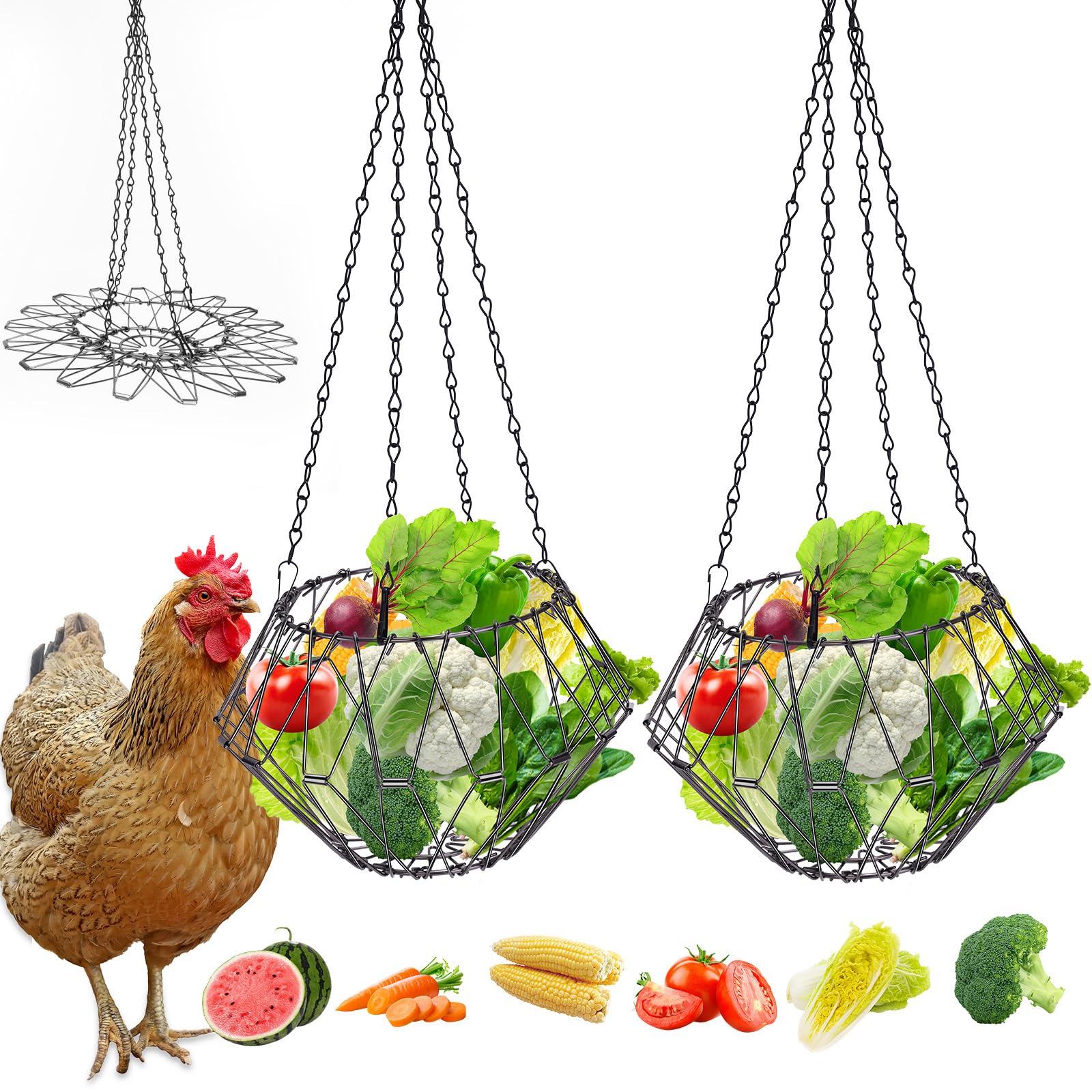 Photo 1 of Hanging Chicken Feeder, Chicken Toys for Coop, Foldable Large Poultry Vegetable Fruits Feeder Basket with Hanging Chain, Chick Feeder for Chicken/Hens/Duck/Rabbit, M 2PCS