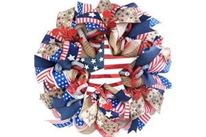 Bibelot Patriotic Day Memorial Day American Flag Color Burlap Mesh Wreath for Front Door Independence Day 4th of July Wreath for Indoor and Outdoor Red White Blue Ribbon Mesh Wreath (16inch)