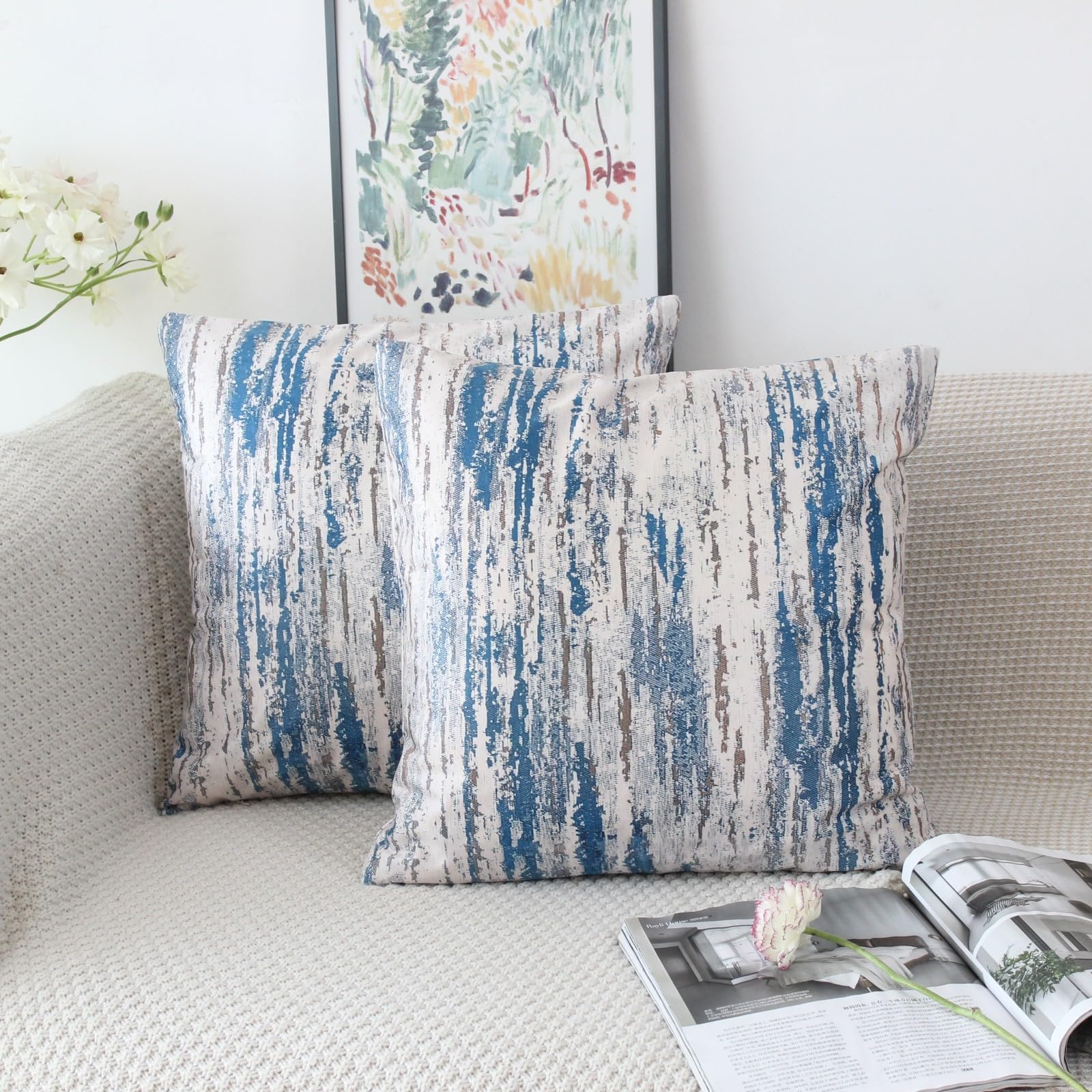 NIULAA Velvet Blue Cushion Covers 40cm x 40cm Double Sided Vintage Cushion Cover 16x16 Set of 2 Soft Art Deco Pillow Cases Abstract Decorative Pillows for Bed Sofa Living Room