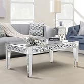 Pregaspor Rectangle Mirrored Coffee Table, Silver Living Room Table with Cryatal Diamond Inlay, Modern Luxury Mirrored Furniture Tea Table for Living Room, Office, (24" D x 36" W x 18" H)
