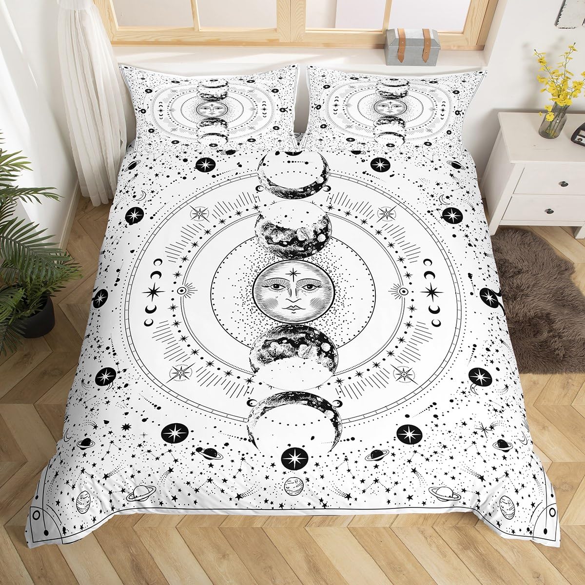 Sun and Moon Duvet Cover Set King Size, Stars Space Psychedelic Comforter Cover with 2 Pillowcases, Boho Sun Moon White Bedding Set 3pcs for Kids Girls Boys Adults Lightweight Bedspread Cover