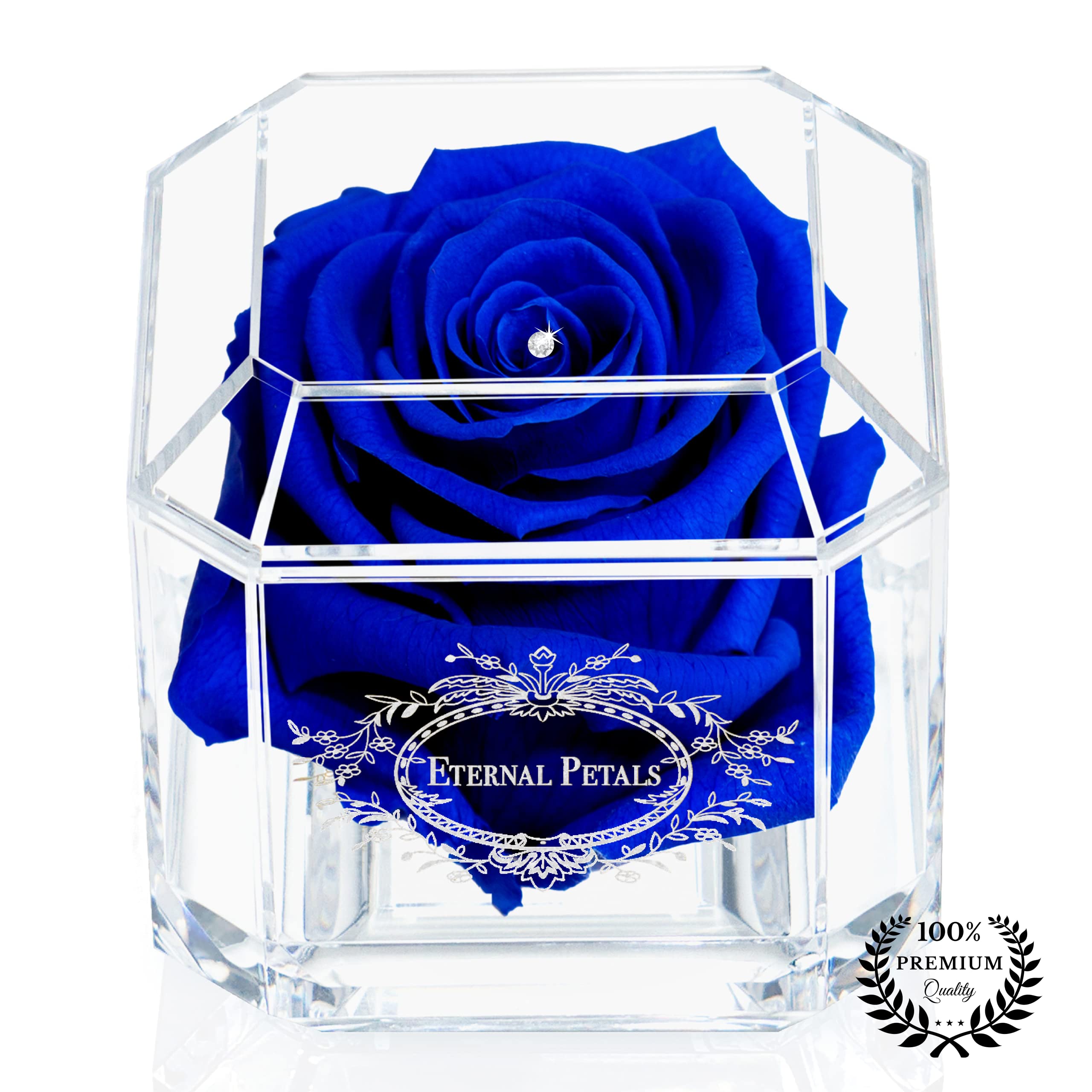 A 100% Real Rose That Lasts Years - Eternal Petals, Handmade in UK – White Gold Solo with A Clear Crystal (Dark Blue) — image 1