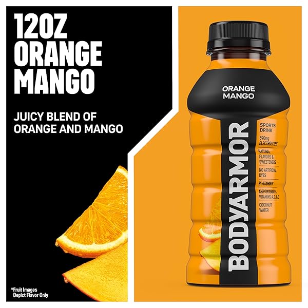 BODYARMOR SPORTS DRINK SPORTS BEVERAGE, ORANGE MANGO, COCONUT WATER HYDRATION, NATURAL FLAVORS WITH VITAMINS, POTASSIUM-PACKED ELECTROLYTES, PERFECT FOR ATHLETES, 12 FL OZ (PACK OF 8)