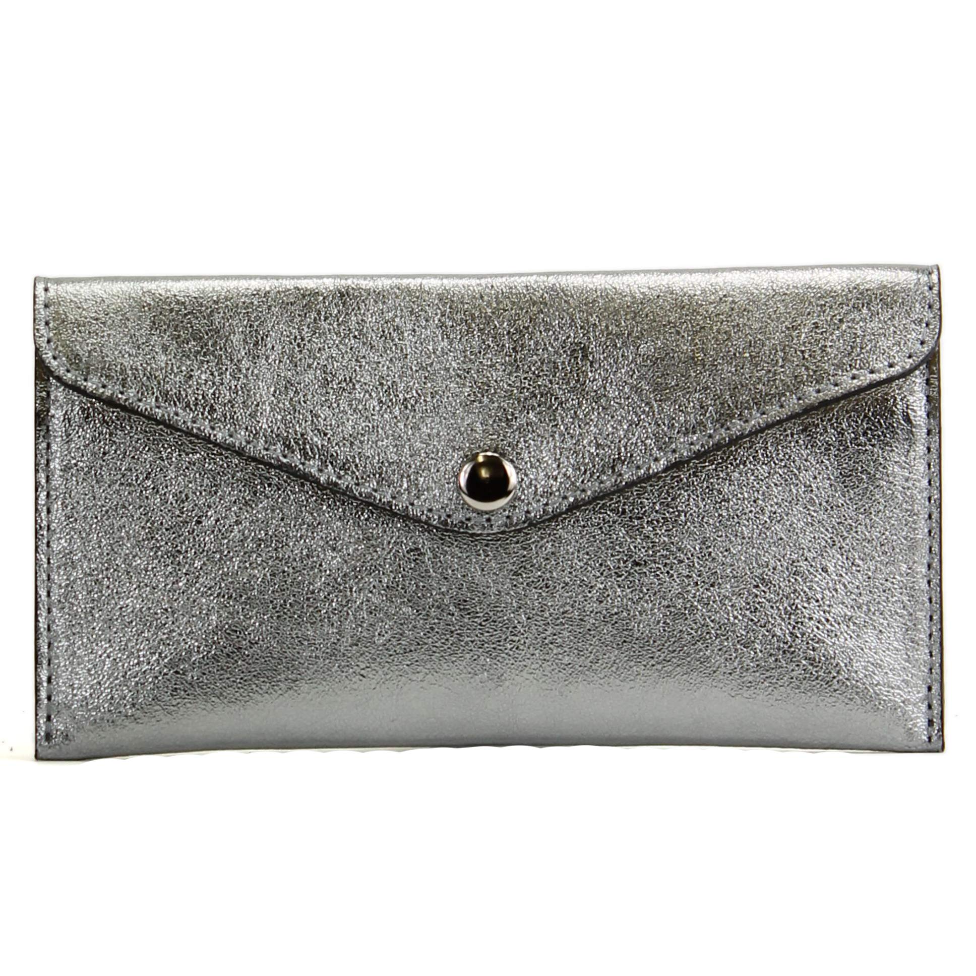 modamoda de - P03 - Italian women wallet, real leather, long, Colour:Silver Gray Metallic