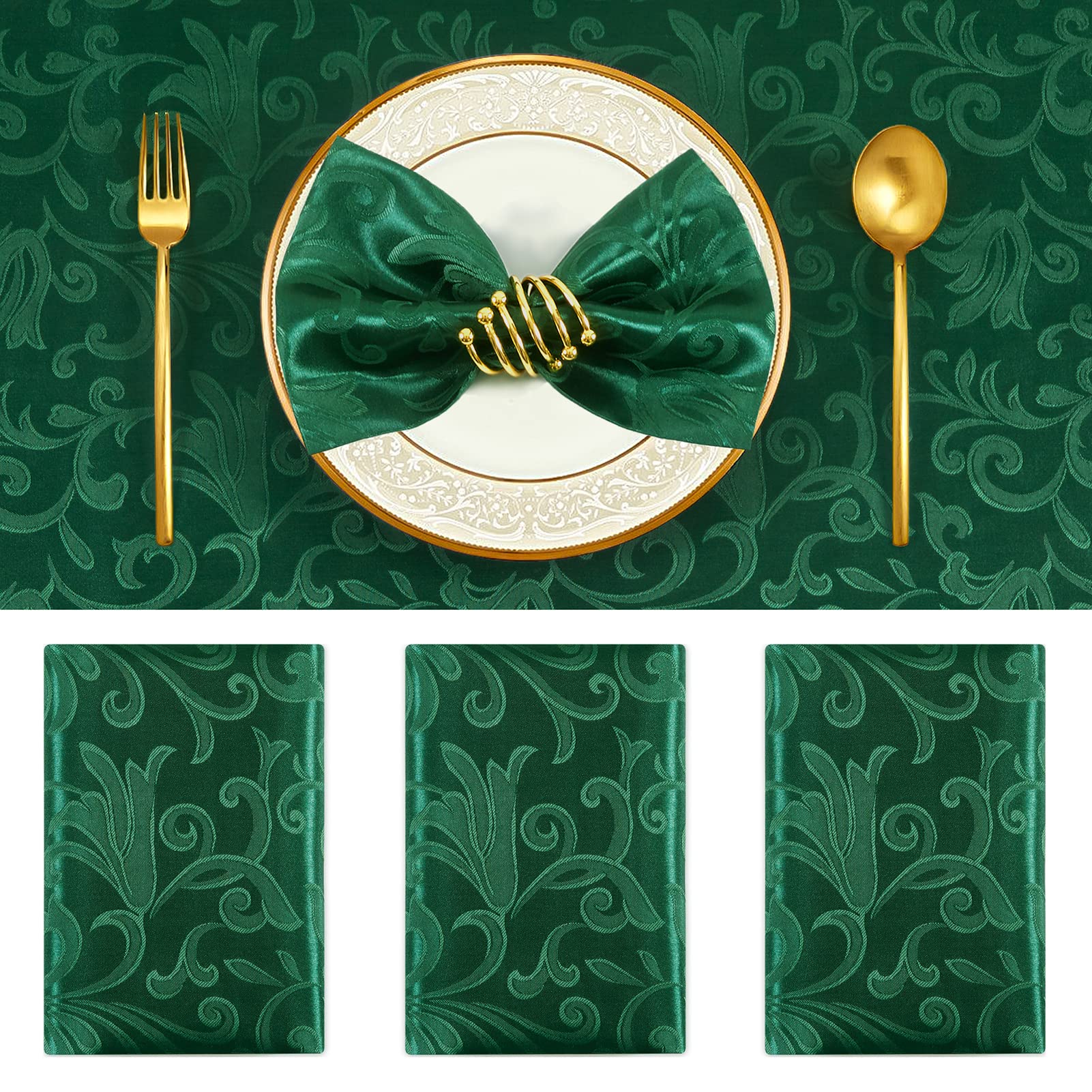 Photo 1 of Horbaunal 4 Pack Damask Cloth Napkins 17 x 17 Inch, Jacquard Table Cloth Napkins Set of 4 Square Satin Napkins Fabric Dinner Napkins for Wedding Party Banquet, Forest Green