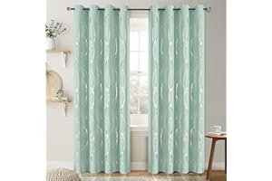BUHUA Blackout Curtain Panels 54 inches, Aqua, 2 Pieces, 52 inches Wide with Wave Striped Foil Print, Light Reducing Thermal Insulated Solid Grommet Curtains/Panels/Drapes