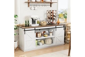Shahoo Farmhouse Sideboard Buffet Cabinet, Coffee Bar Storage with Sliding Barn Doors, Shelf for Home Dining Room, White