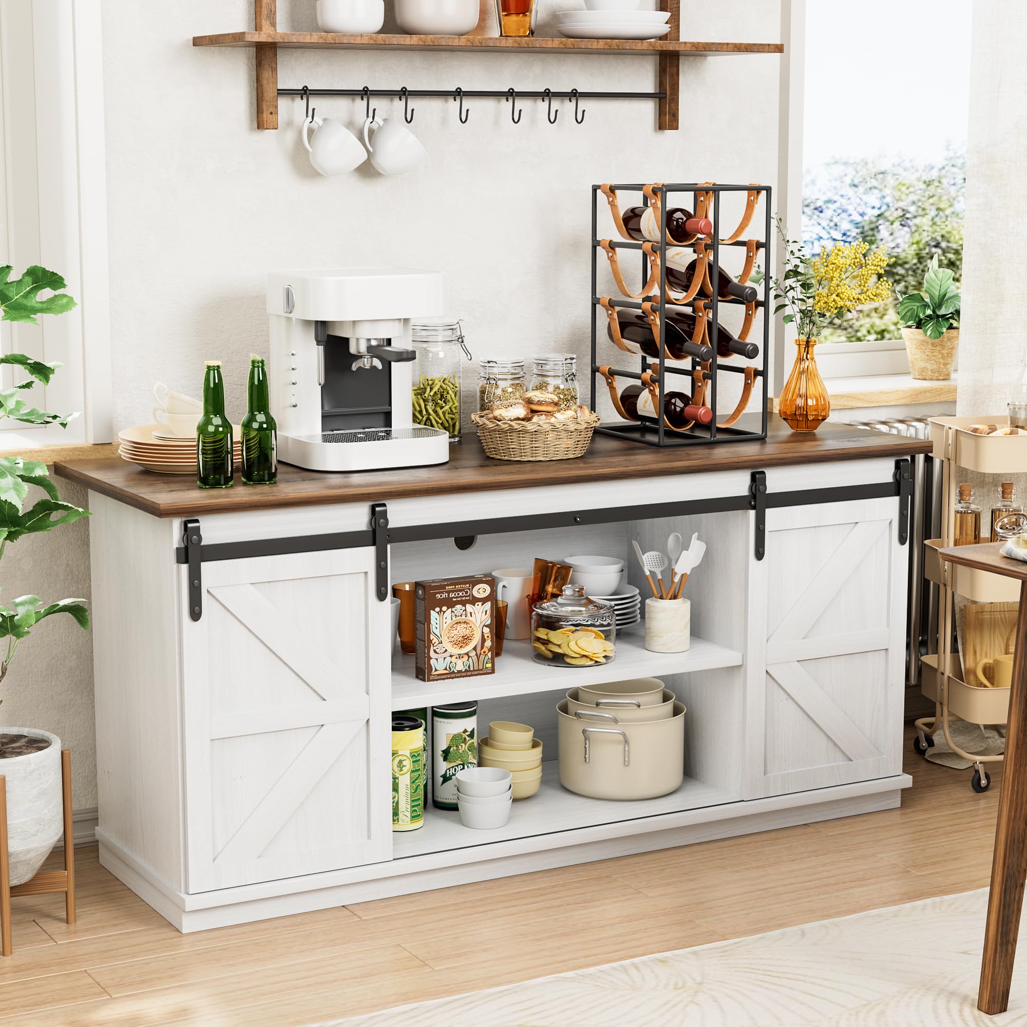 Photo 1 of Shahoo Farmhouse Sideboard Buffet Cabinet, Coffee Bar Storage with Sliding Barn Doors, Shelf for Home Dining Room, White