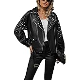 Bellivera Women's Faux Leather Jacket Studded Rivet Casual Short Moto Biker Stand Collar Coat