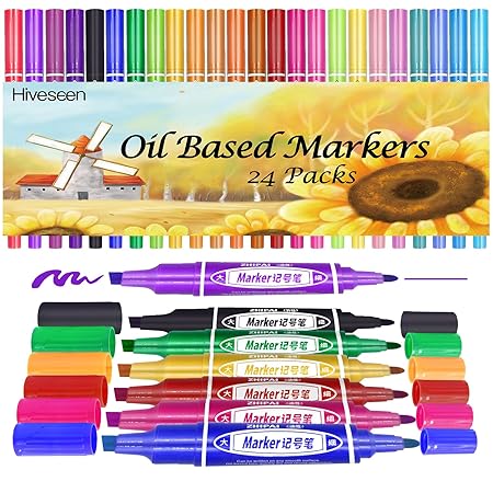 Hiveseen 24 Colorati Pennarello Indelebile Marcatore Permanente Olio Basato Resistenti All Acqua Punta Finescalpello Per Vernice Sul Stoffa