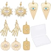 SUNNYCLUE 1 Box 10Pcs 5 Styles 18K Gold Plated Evil Eye Charms Bulk Rhinestone Evil Eye Gold Plated Charms for Jewelry Making Alloy Sun Heart Pendants Earring Necklace Supplies Craft