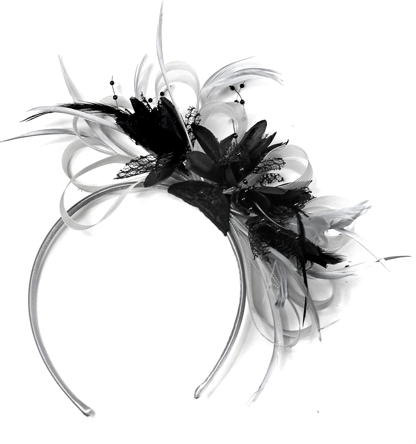 Silver Grey and Black Fascinator Headband for Weddings Royal Ascot Races, Silver and Black