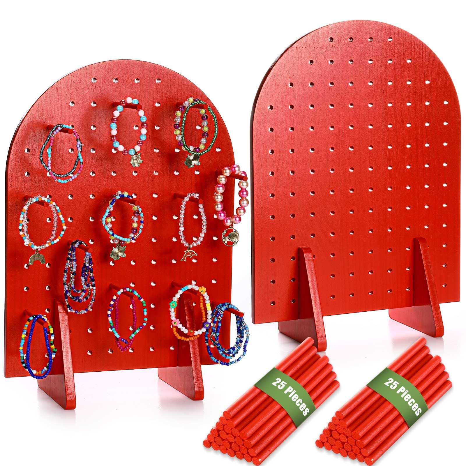 Photo 1 of (MISSING RODS) Colingmill 2 Sets Keychain Display Stand Wooden Pegboard Display Stand with 25 Pcs Dowel Rods Oval Bracelet Organizer Holder for Jewelry, Craft Shows, Necklace, Selling, 15.75" x 11.81" (Red)