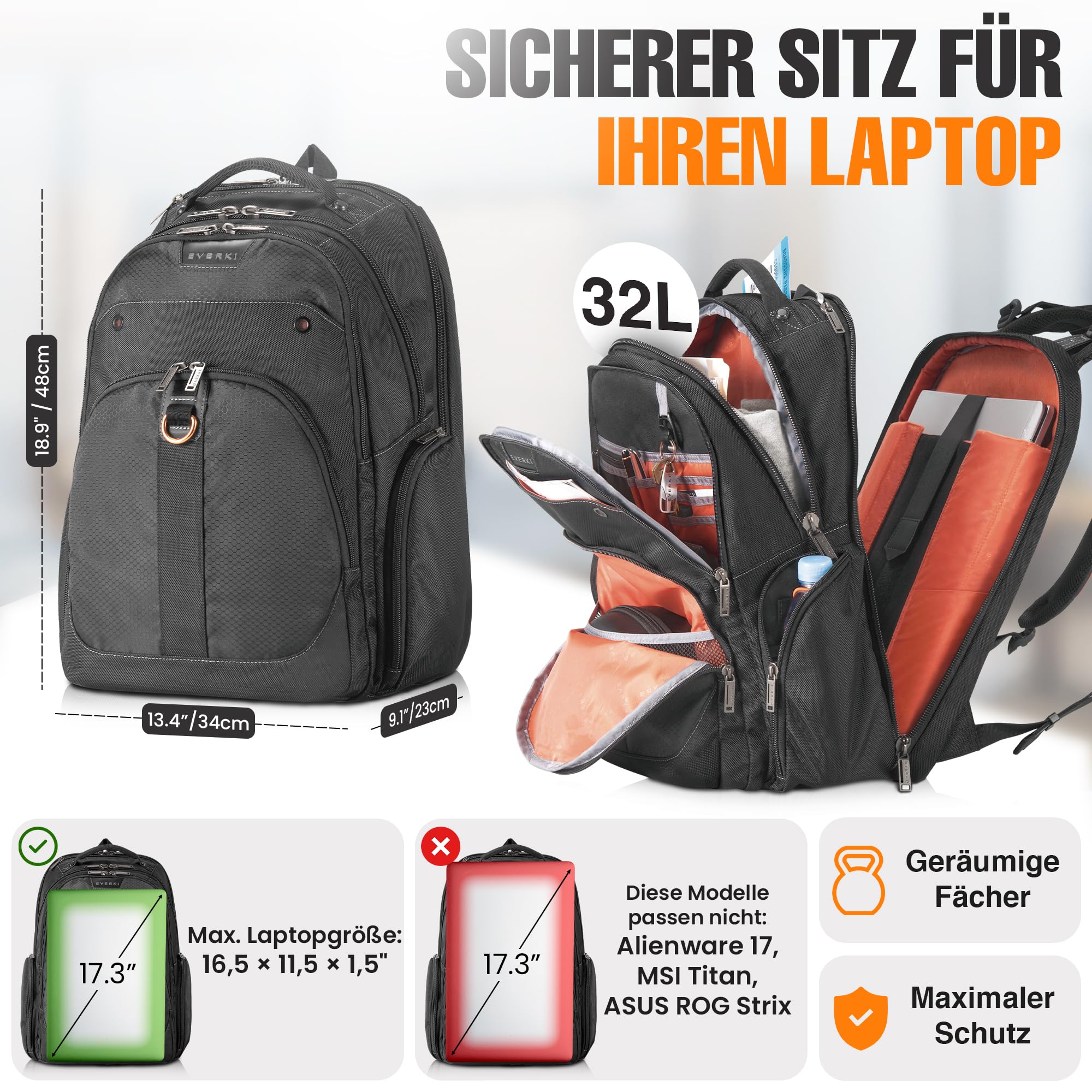 Everki Atlas Business-Laptoprucksack 32 L für 13–17,3 Zoll – ergonomischer, reisefreundlicher Notebook-Rucksack mit anpassbarem Laptopfach – schwarz 2