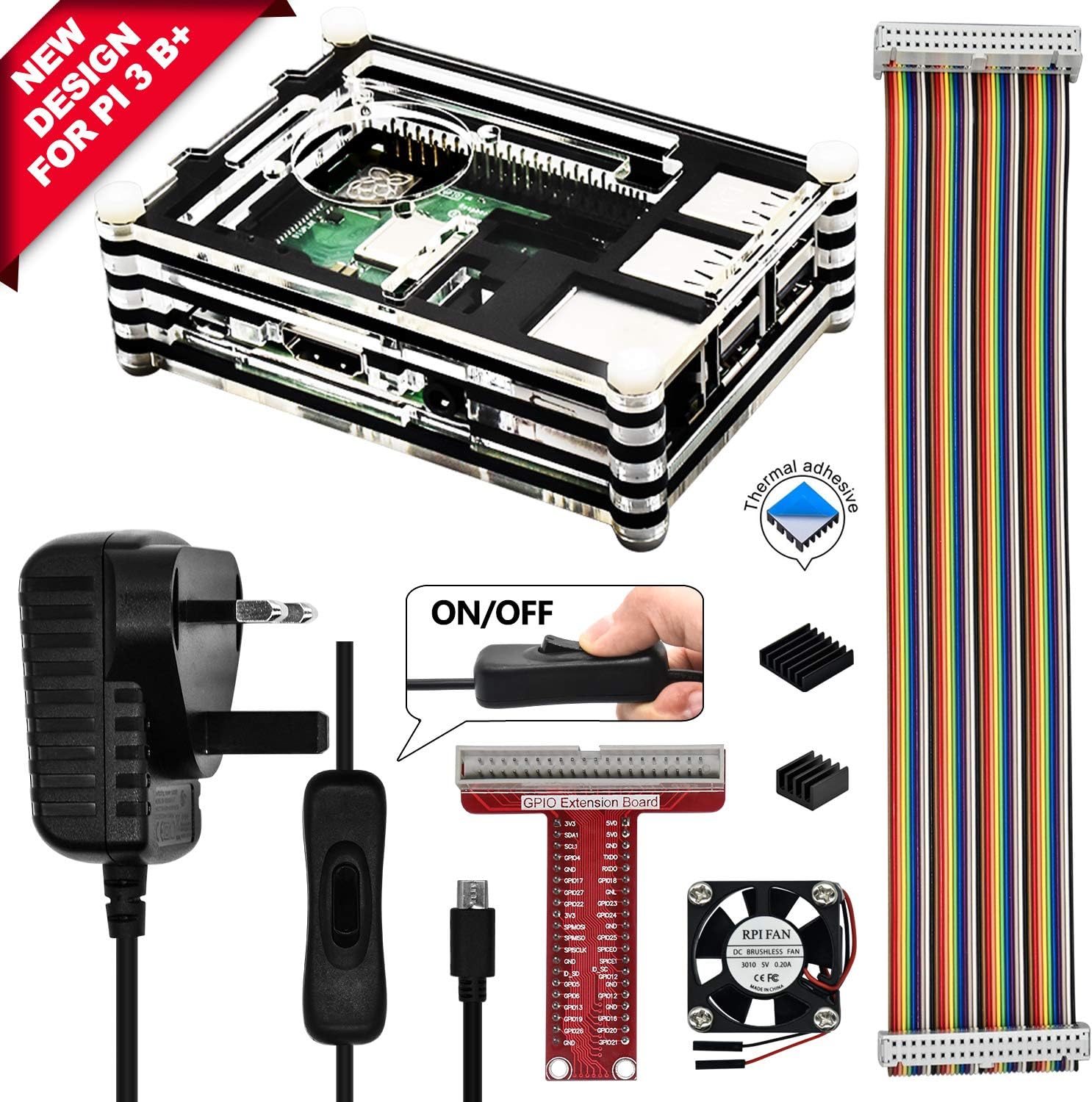 RuiiGuu Raspberry Pi 3 B+ (B Plus) Case with Fan, 2 Pcs Heatsinks, 2.5A Power Supply, T Type GPIO Breakout board, 40 Pin Rainbow Cable for Raspberry Pi 3 Model B+ (Black + Clear)