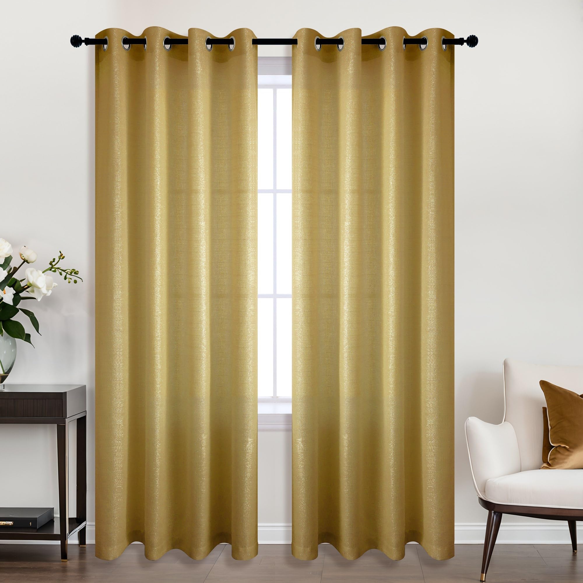 KOUFALL Gold Curtains for Luxury Living Room,Single Panel 84 Inches Long Semi Sheer Grommet Glow in The Dark Shimmer Holiday Curtains for Bedroom Dining Room Window 84 Inch Length