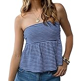 SHBECYDE Women Ruffle Hem Striped Bandeau Tube Tops Y2k Strapless Sleeveless Peplum Flowy Blouse Shirts Summer Going Out Tank