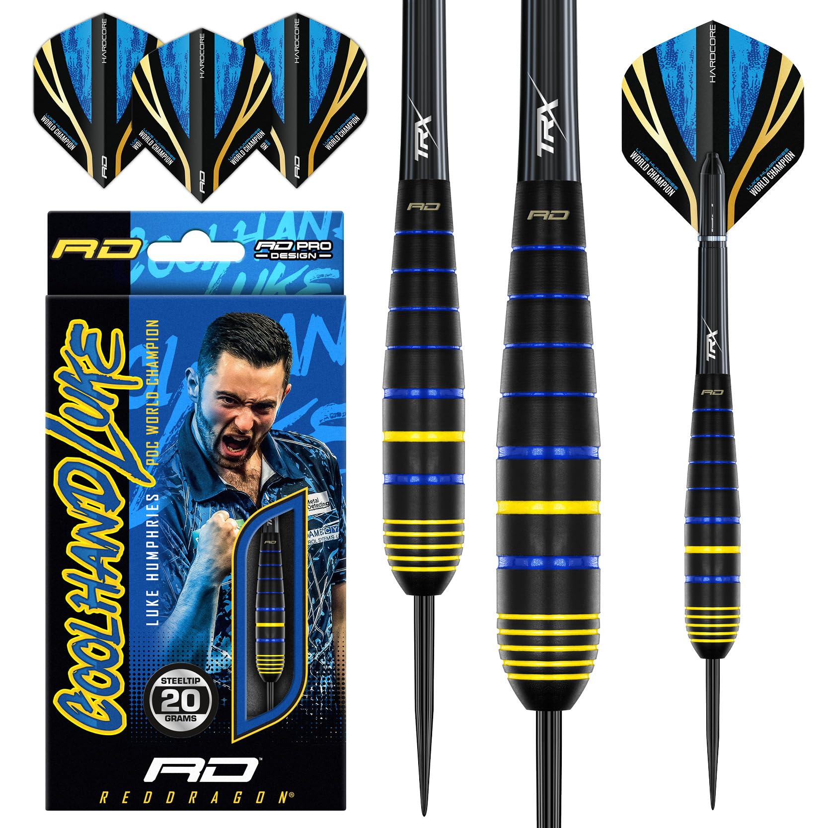 RED DRAGON Luke Humphries World Champion 20G Brass Steeltip Darts Set with flights and Shafts (Stems)