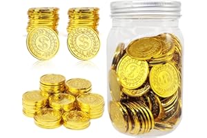 Mczxon Plastic Gold Coins 100 Count, Pirate Treasure Play Golden Toy Coins Bulk with Mason Jar, Small Plastic Play Gold Prop Pretend Pirate Reward Tokens Coins Toy for Kids Party Treasure Hunt Game