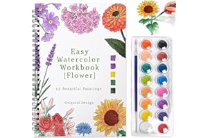 Watercolor Workbook,15 Flower Patterns of Original DIY Designs,16 Colors Watercolor Paint Set with Brush Palett,Beginner-Frie
