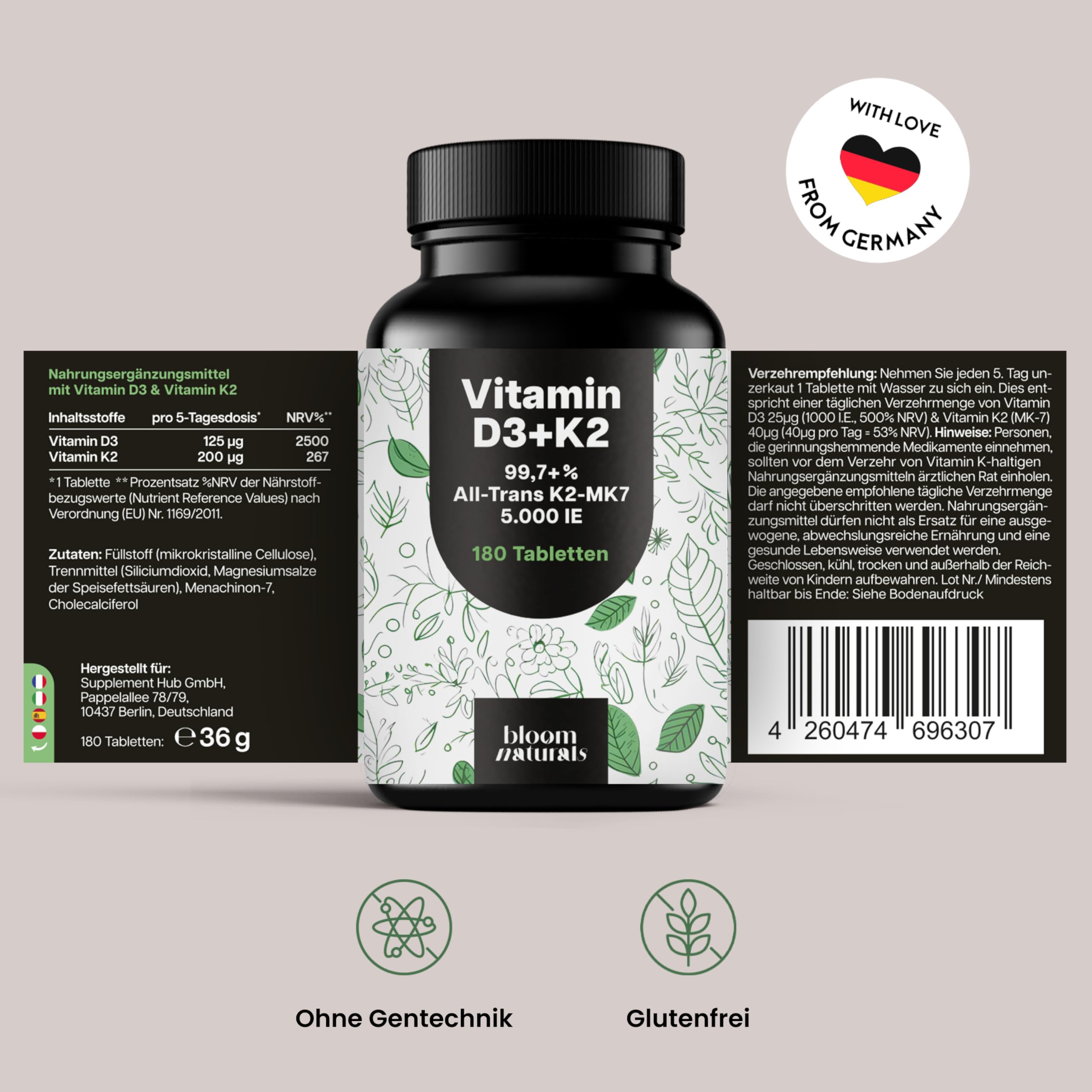 Vitamin D3 K2 5000 IE hochdosiert – 180 Tabletten – Premium 99,7+% All-Trans K2-MK7 – produziert in Deutschland Laborgeprüft - Verpackung kann variieren 7