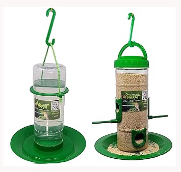 Amijivdaya Medium Bird And Water Feeder Combo Green Transparent