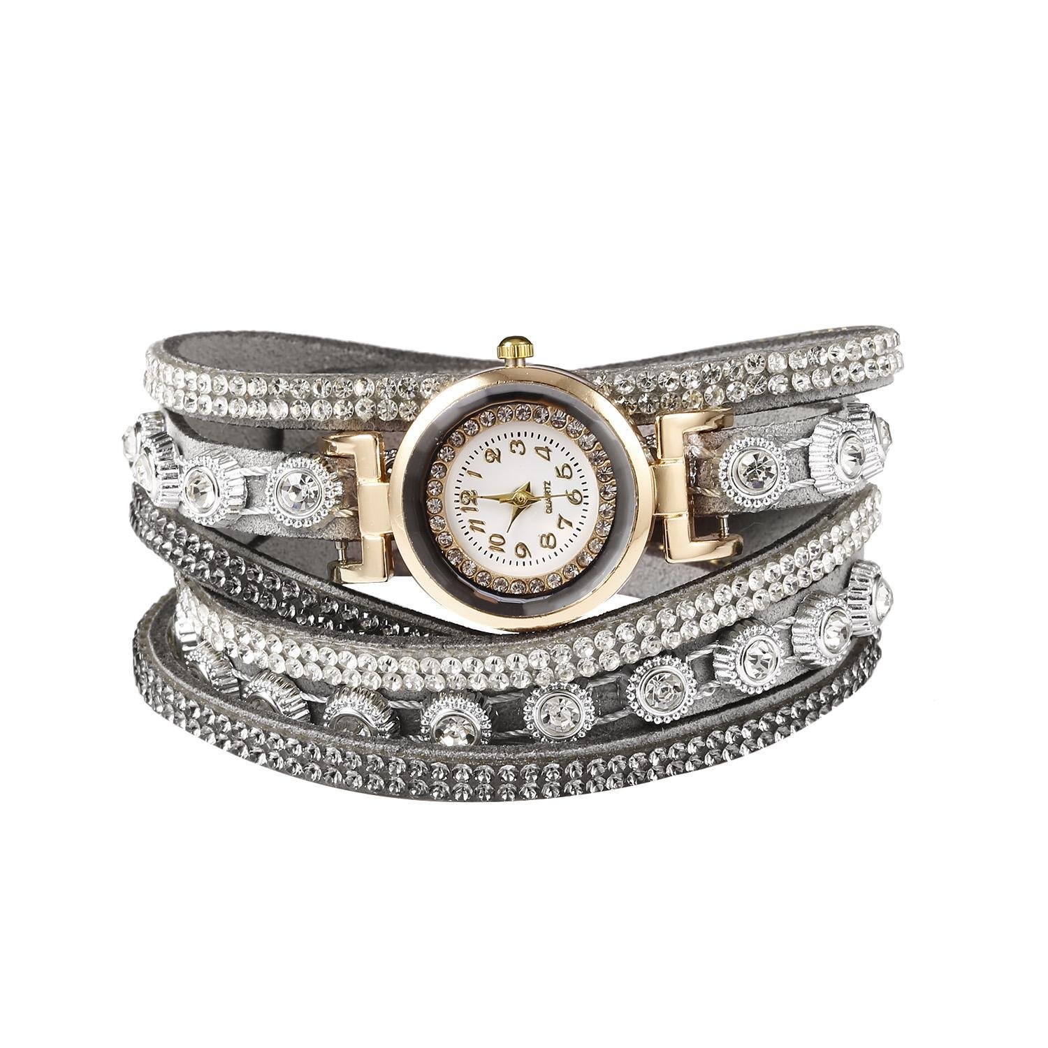 Jingjing1 Rhinestone Bracelet Watch Women Analog Fashion Casual Wrist Watche (Grey)
