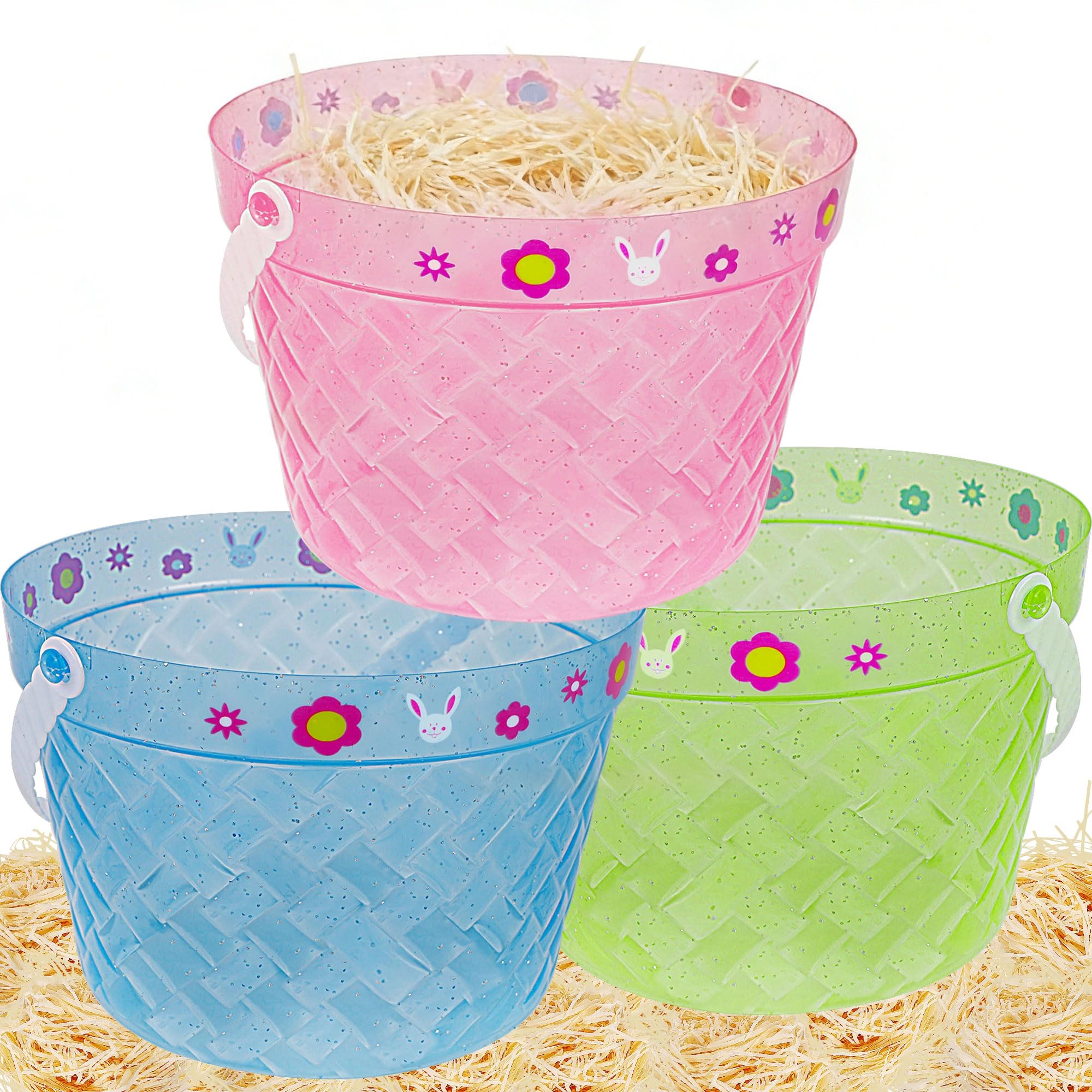 Zcaukya Easter Buckets, 3 Packs Clear Plastic Kids Easter Baskets with Handles, Empty Plastic Easter Pails for Easter Egg Hunt Party Favors, Green, Blue, Pink