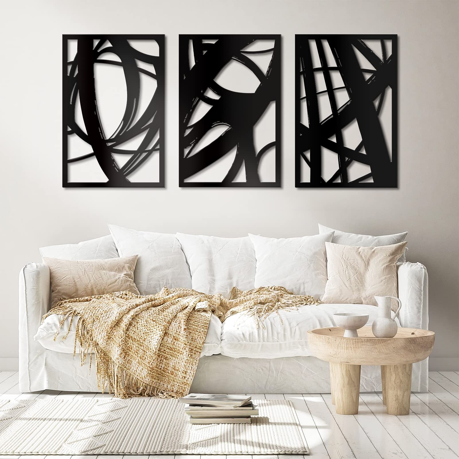 3Pcs Black Abstract Metal Wall Art, Minimalist Decor Modern Single Line Art Wall Decor, 3D Textured Hollow Out Design Wall Sculptures, Metal Artwork for Wall Art for Living Room Kitchen(18" x 12")