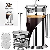 Cafe Du Chateau French Press Coffee Maker - Heat Resistant Borosilicate Stainless Steel Coffee Press with 4 Level Filter…